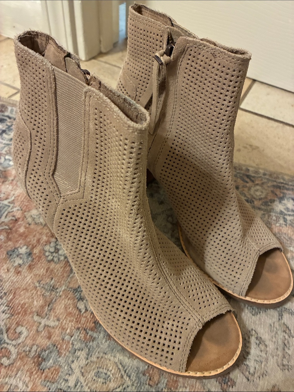 Toms Taupe Perforated Peep-Toe Ankle Booties‎